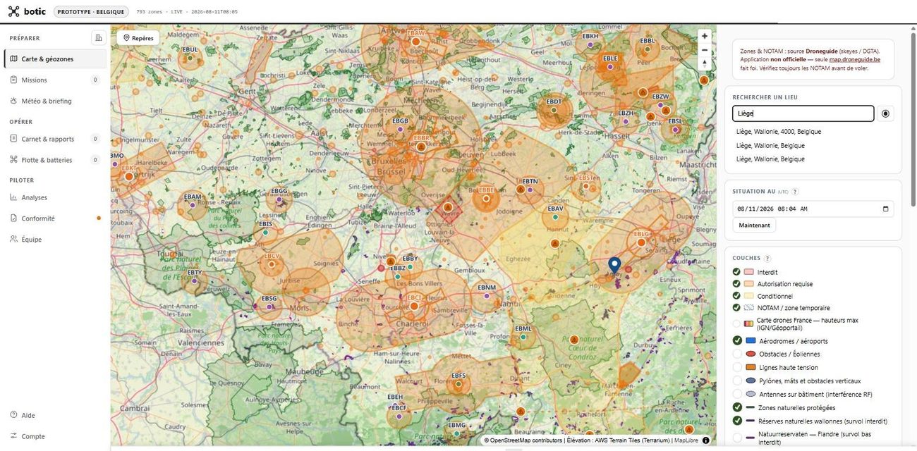 La carte de botic couvrant la Belgique, saturée de géozones orange et rouges, avec le rail de navigation à gauche et le panneau des couches à droite.