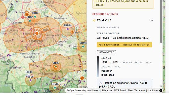 Fiche de la zone EBLG VLL2 : pas d'autorisation à demander, hauteur limitée par l'article 31, plafond en catégorie Ouverte de 150 pieds.